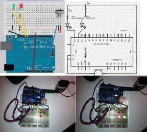 Fritzing, Schematic and 2x Photograph of the LED's in action.